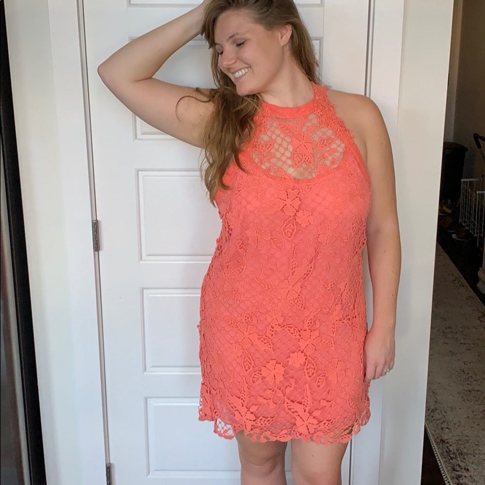 Free People Coral Orange Lace Backless Dress Large